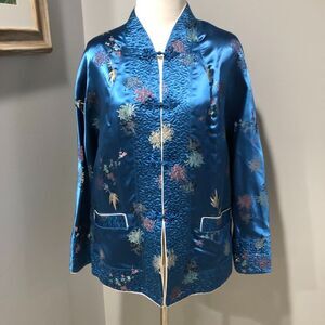 Vintage Silk Blue Ivory Embroidered Kimono Reversible Floral Jacket Large